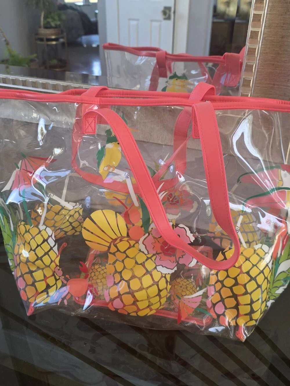 Vera Bradley Clear Tote with Coral Trim and Pineapple Floral Print